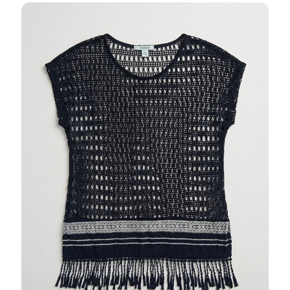 Boho Navy Blue Crochet Knit Fringe Hem Sleeveless Top SM
